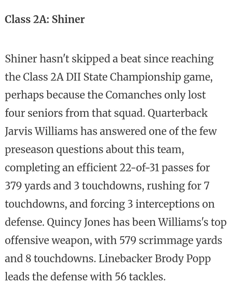Shiner mid season DCTF 2a team of the year